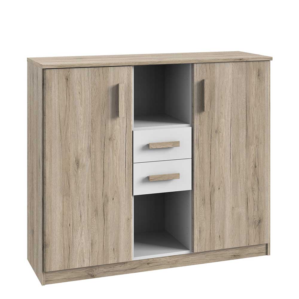 Star Möbel Esszimmersideboard mit Schubladen und offenen Fächern Eiche San Remo und Weiß