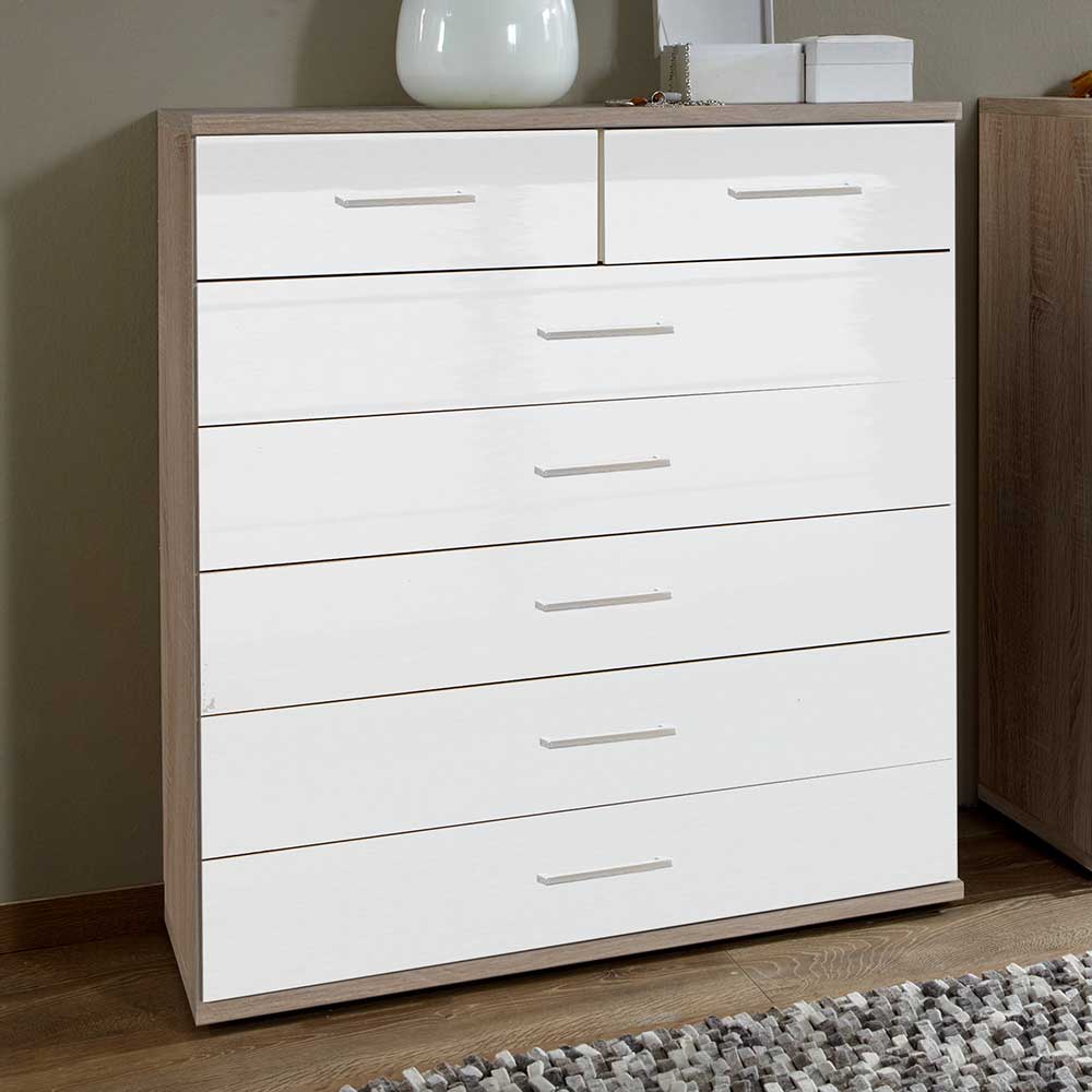Star Möbel Wäschekommode 90 cm breit mit sieben Schubladen Weiß und Eiche Sägerau