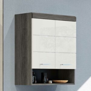 Möbel4Life Wandschrank für Badezimmer in Weiß und Holzoptik Rauchgrau Drehtüren