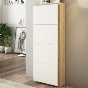 Furnitara Schuhklappenschrank in Weiß und Wildeiche Optik 60 cm breit