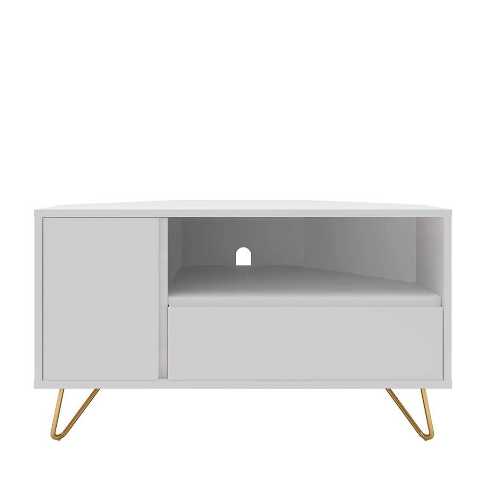 Rodario Eck TV Tisch in Weiß und Goldfarben 100 cm breit