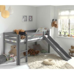 4Home Graues Kinderhochbett mit Rutsche Kiefer Massivholz