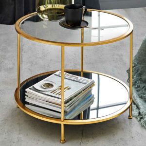 Tollhaus Runder Sofa Tisch aus Stahl in Goldfarben Spiegelglasplatten