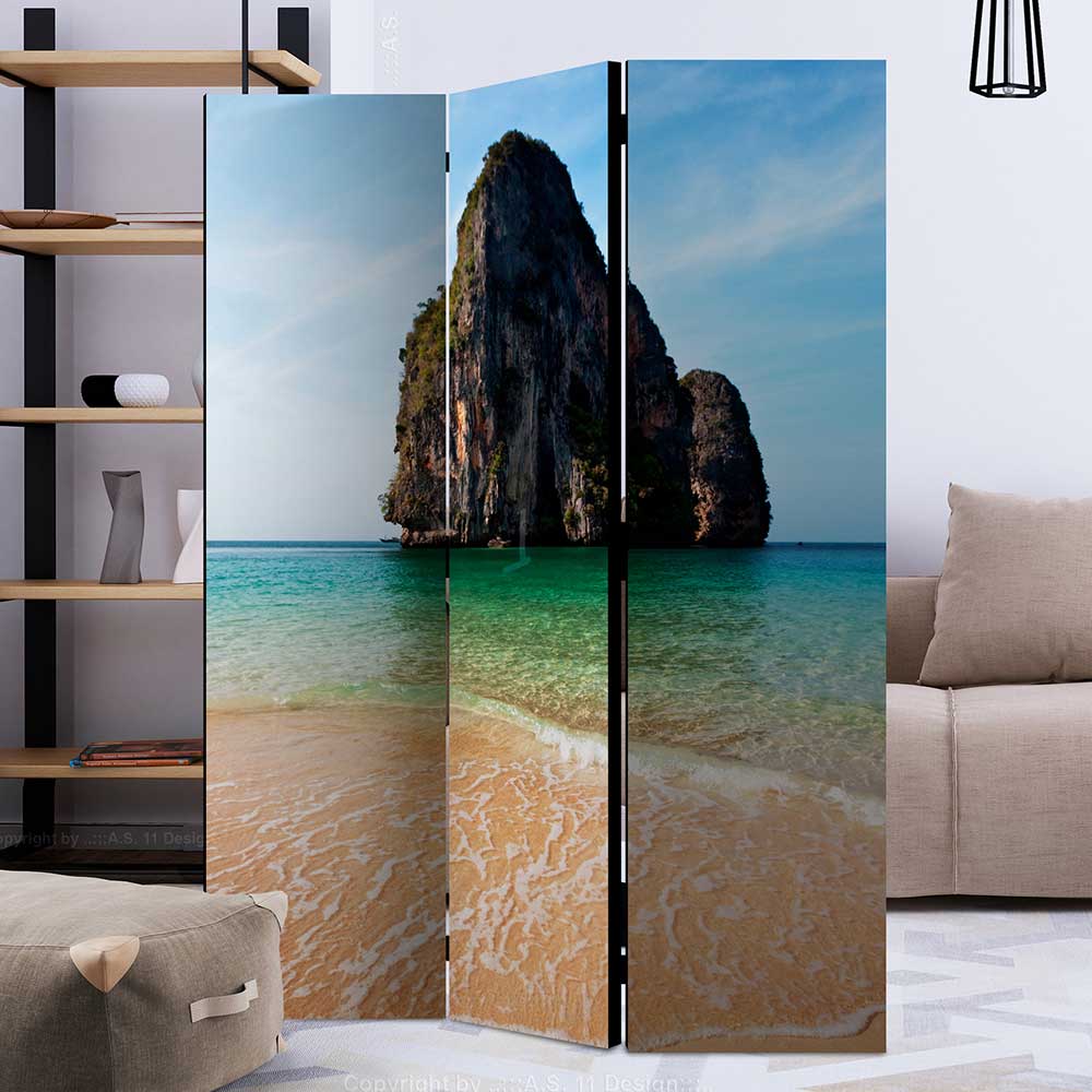 4Home Spanische Trennwand aus Leinwand und Massivholz Strand Motiv