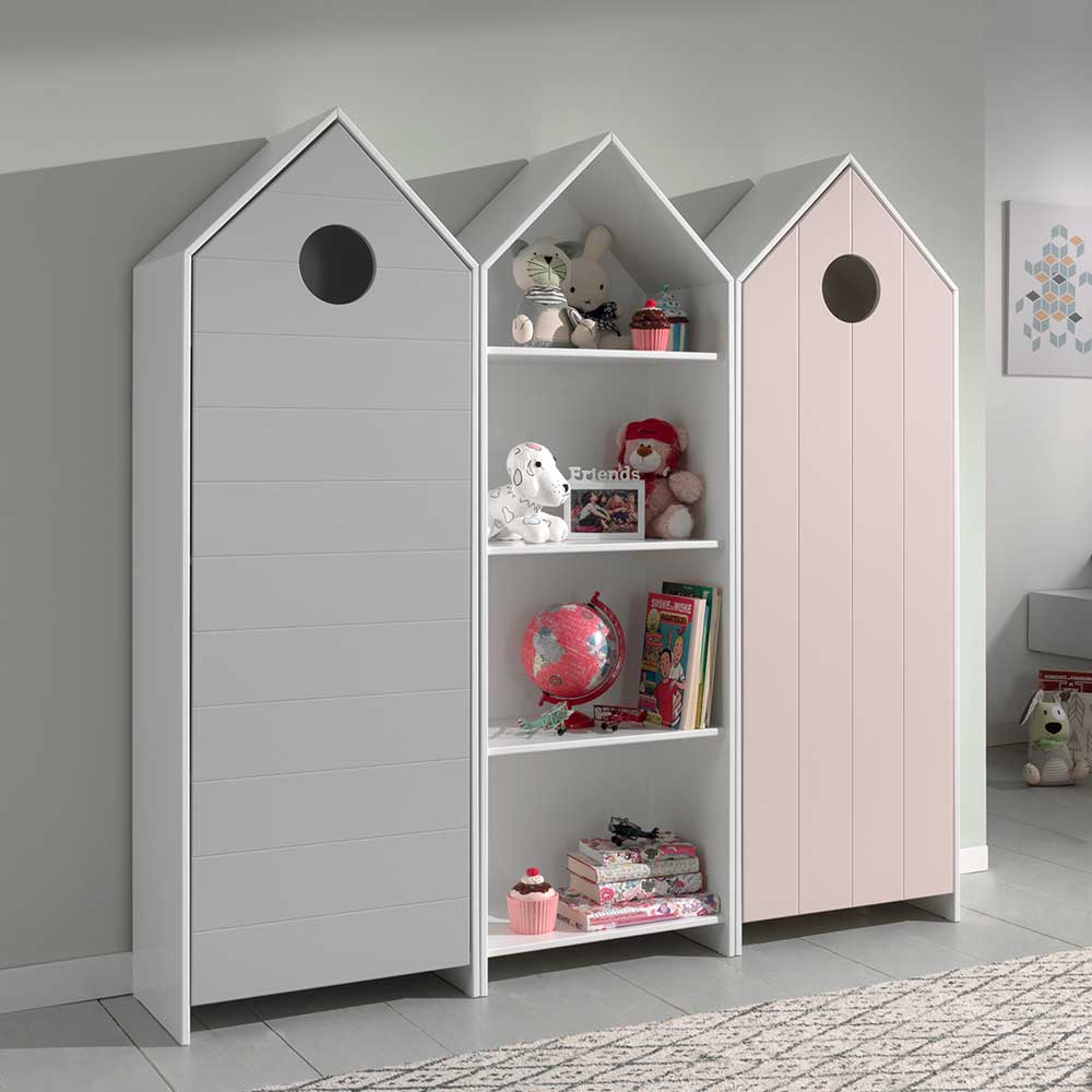 4Home Kinderkleiderschrank Set in Grau und Rosa weißem Regal (dreiteilig)