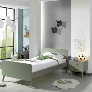 4Home Jugendzimmerbett in Graugrün und Goldfarben Nachtkonsole (zweiteilig)