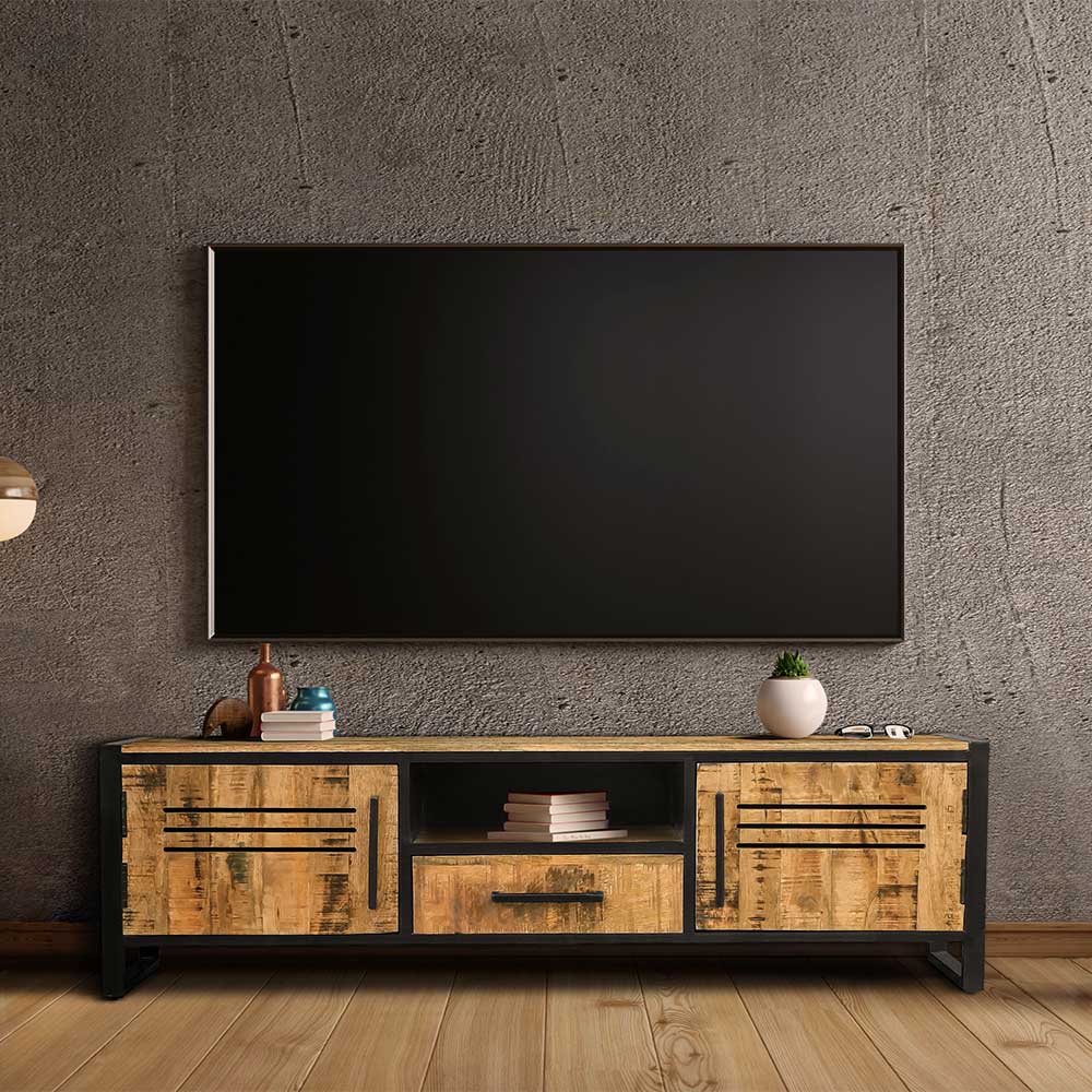 Natura Classico Großes TV Lowboard im Industry und Loft Stil Mangobaum Massivholz & Metall