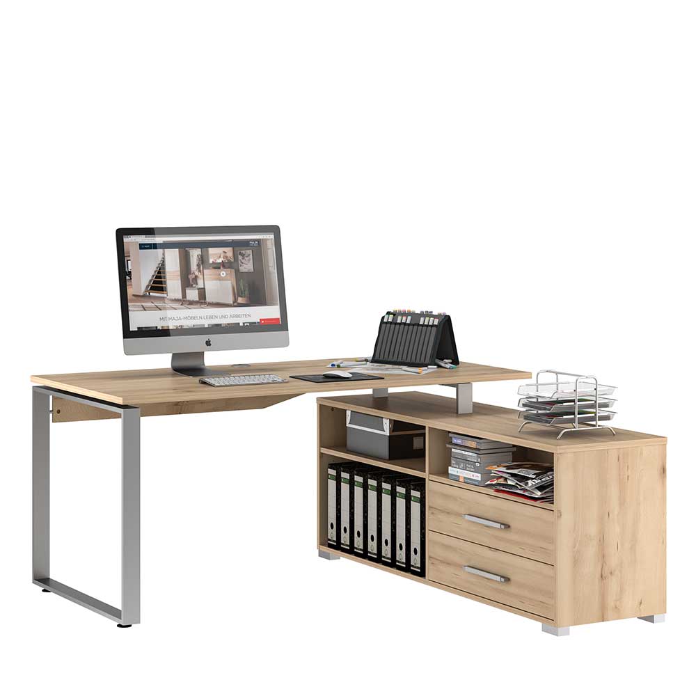 Müllermöbel Moderner Büroecktisch in Buchefarben Regalen und Schubladen