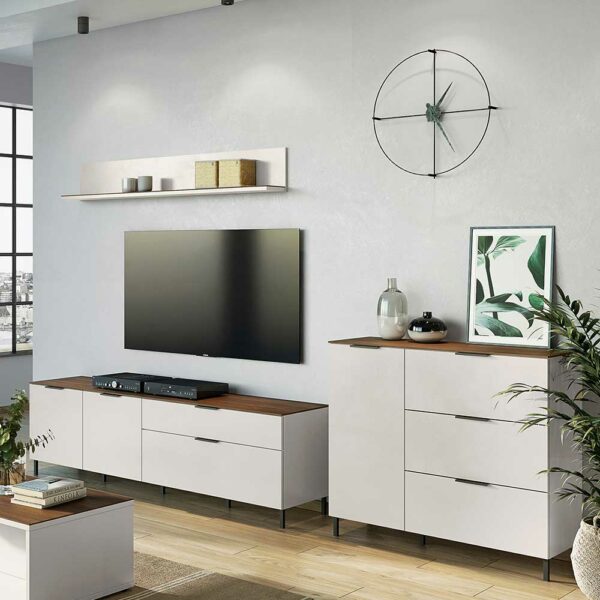Möbel Exclusive Fernseher Schrankwand in Hellgrau und Nussbaumfarben Made in Germany (dreiteilig)