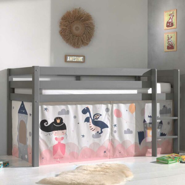 4Home Halbhohes Kinderbett aus Kiefer Massivholz Grau mit Prinzessin Vorhang
