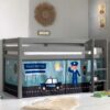 4Home Kinder Hochbett aus Kiefer Massivholz Grau mit Leiter und Polizei Vorhang