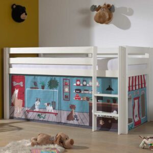 4Home Halbhohes Kinderbett aus Kiefer Massivholz Vorhang Set Tiere