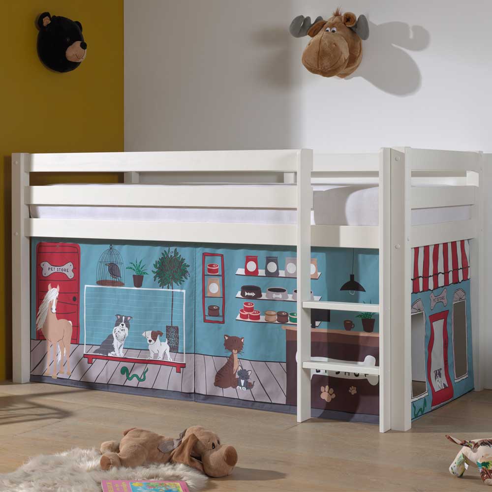 4Home Halbhohes Kinderbett aus Kiefer Massivholz Vorhang Set Tiere