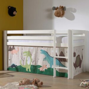 4Home Kinderzimmer Bett aus Kiefer Massivholz Weiß mit Leiter und Dino Vorhang