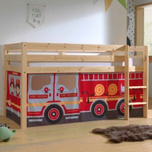 4Home Halbhochbett mit Vorhang Set Feuerwehr Motiv Kiefer Massivholz