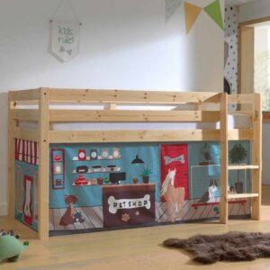 4Home Kinderzimmerbett aus Kiefer Massivholz Vorhang Set