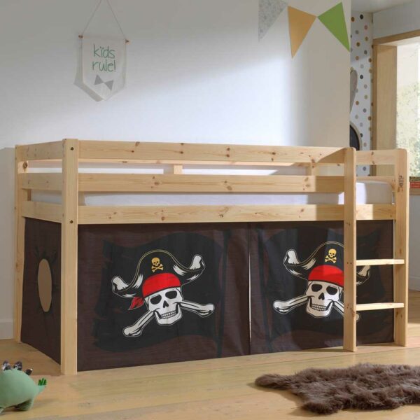 4Home Piraten Bett aus Kiefer Massivholz lackiert Vorhang Set