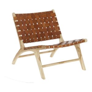 4Home Sessel aus Teak Massivholz braunem Echtleder