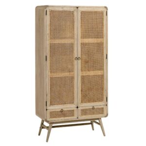 4Home Wohnzimmer Schrank aus Massivholz und Rattan Skandi Design