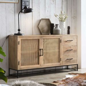 Möbel Exclusive Sideboard aus Mangobaum Holz & Rattan Bügelgestell