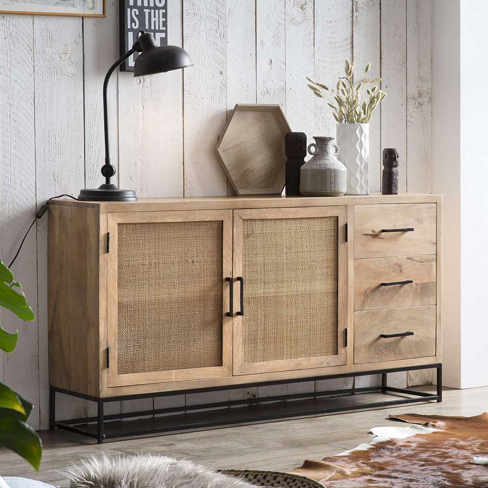 Möbel Exclusive Sideboard aus Mangobaum Holz & Rattan Bügelgestell