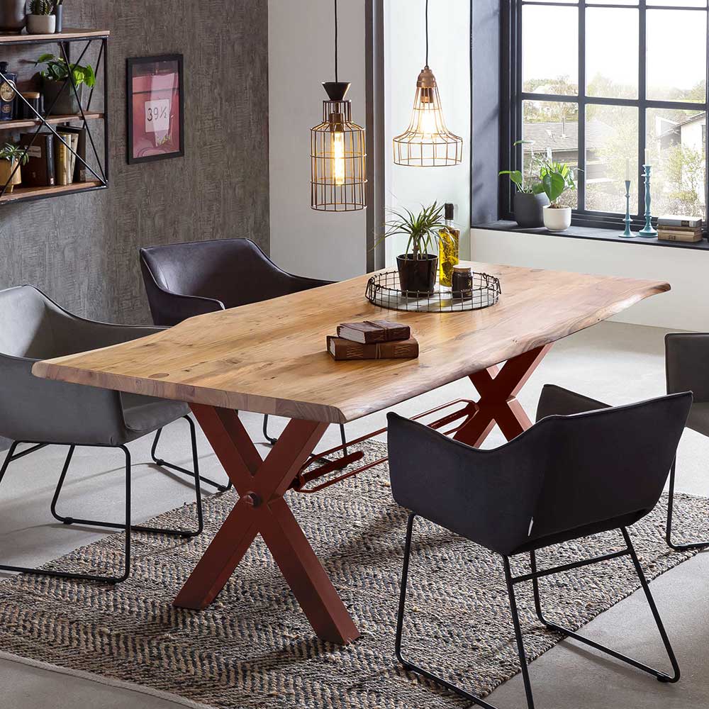 Möbel Exclusive Tisch Massivholz Baumkante in Akaziefarben und Braun lackiert