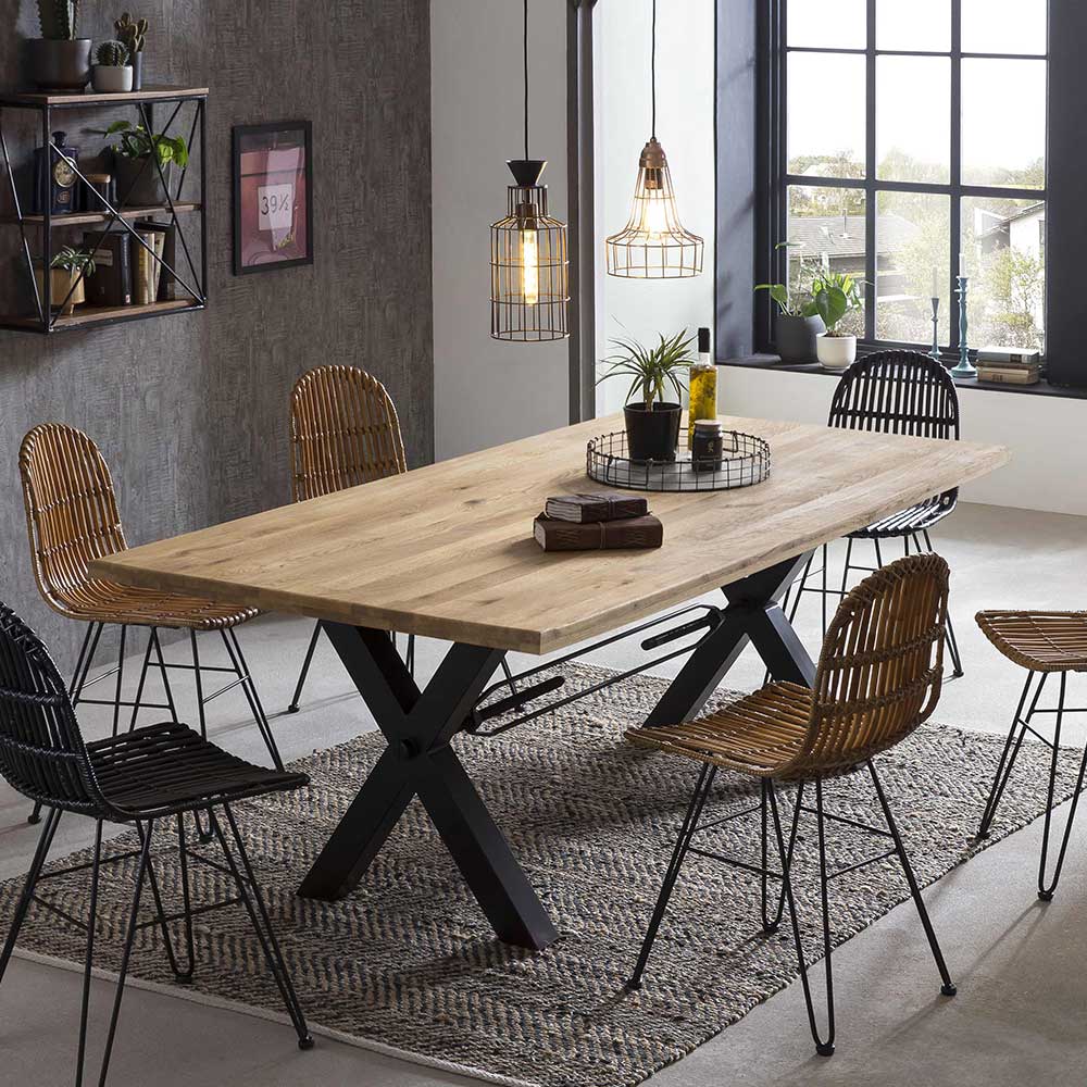 Möbel Exclusive Esszimmer Tisch aus Wildeiche Massivholz Baumkante X Füßen