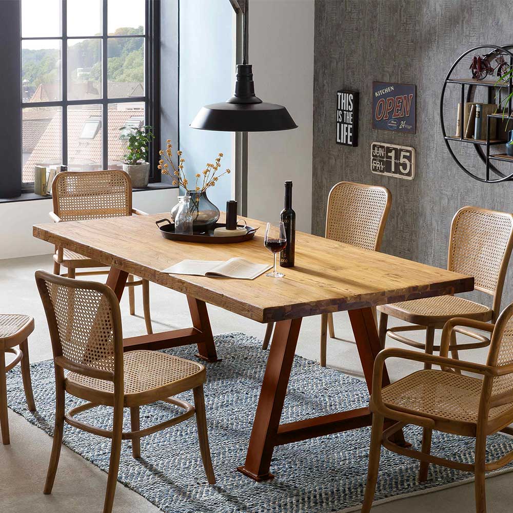 Möbel Exclusive Esszimmer Tisch aus Teak Massivholz und Metall A Fußgestell