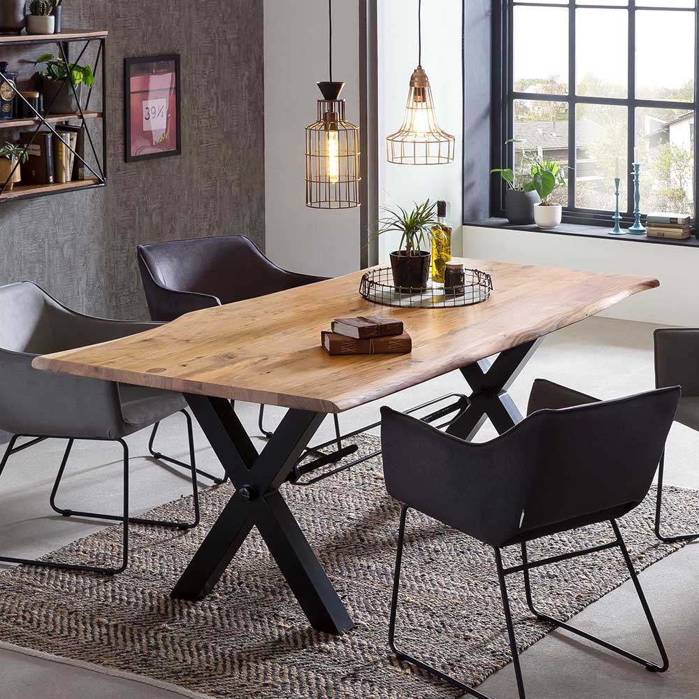 Möbel Exclusive Baumkanten Esszimmertisch aus Akazie Massivholz und Metall Schwarz lackiert