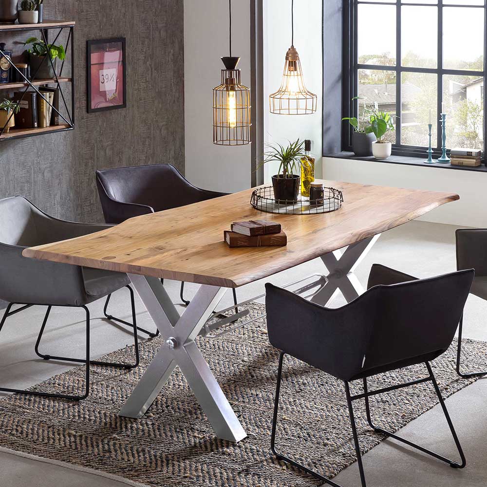 Möbel Exclusive Esszimmertisch mit Baumkante in Akaziefarben und Weiß Metall Gestell