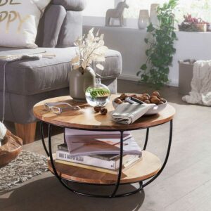 Möbel4Life Wohnzimmertisch aus Akazie Massivholz und Edelstahl rund