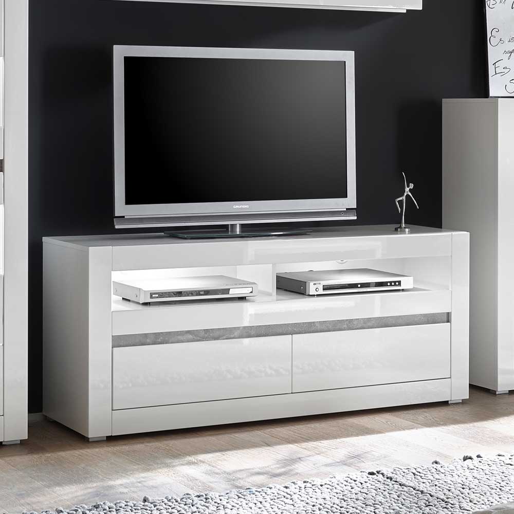 Brandolf TV Lowboard in Weiß Hochglanz und Beton Grau 150 cm breit