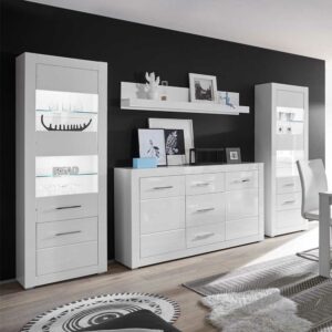 Brandolf Anbauwand in Weiß Hochglanz und Beton Grau Sideboard (vierteilig)