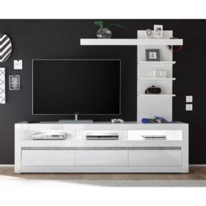 Brandolf TV Lowboard und Regal in Weiß Hochglanz und Beton Grau LED Beleuchtung (zweiteilig)