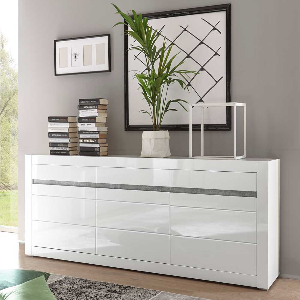 Brandolf Wohnzimmer Sideboard in Weiß Hochglanz Beton Grau