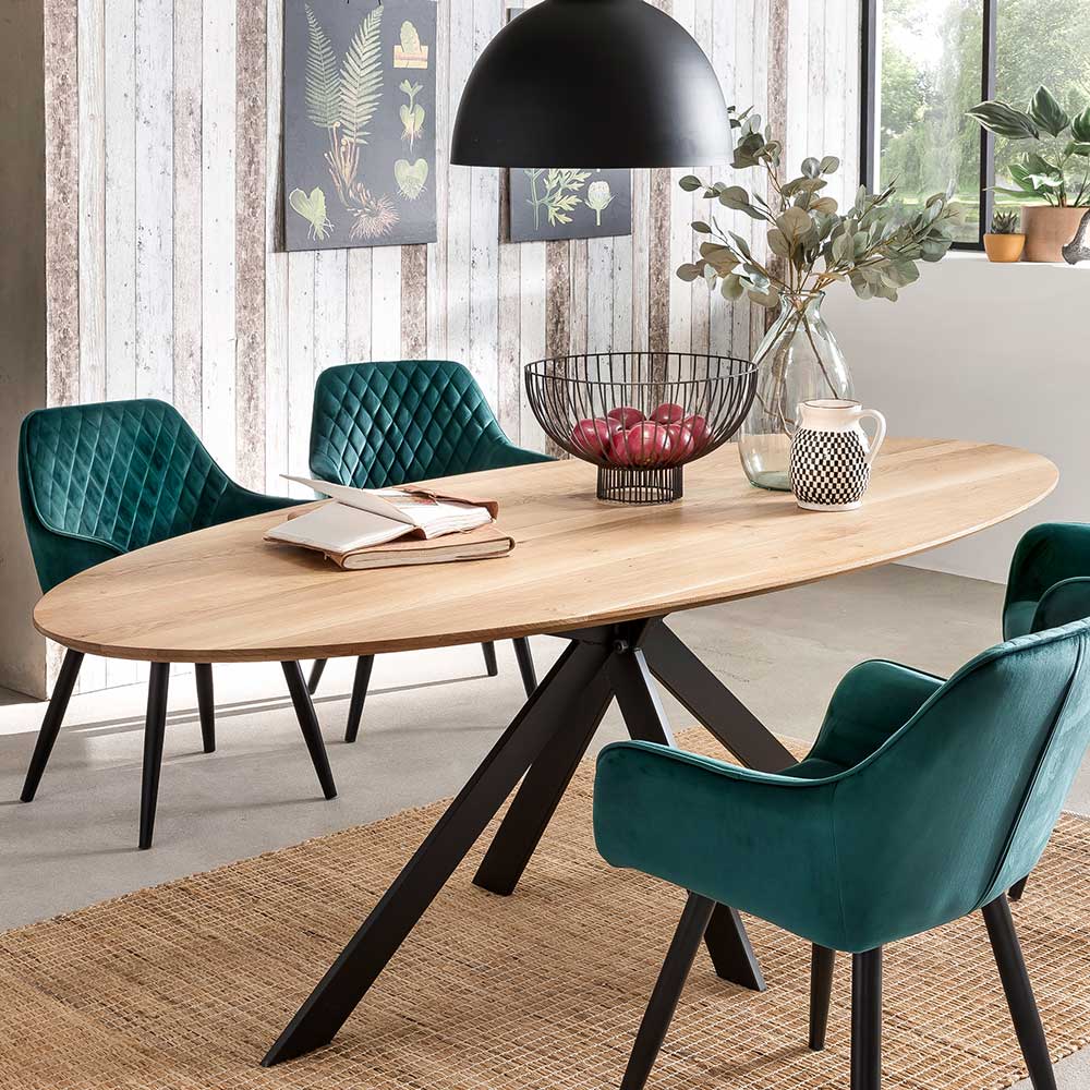 Massivio Ovaler Tisch mit Massivholzplatte aus Eiche 4-Fußgestell aus Metall