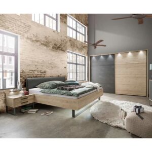 Franco Möbel Design Schlafzimmer Set in Eiche Optik und Dunkelgrau Schwebetürenschrank (vierteilig)