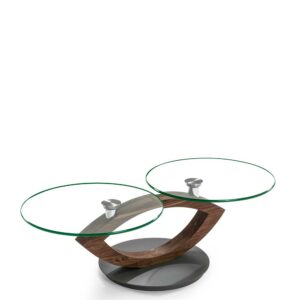4Home Design Sofatisch mit zwei runden Glasplatten Nussbaum Massivholz