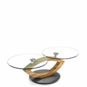 4Home Design Couchtisch mit zwei runden Glasplatten Asteiche Massivholz