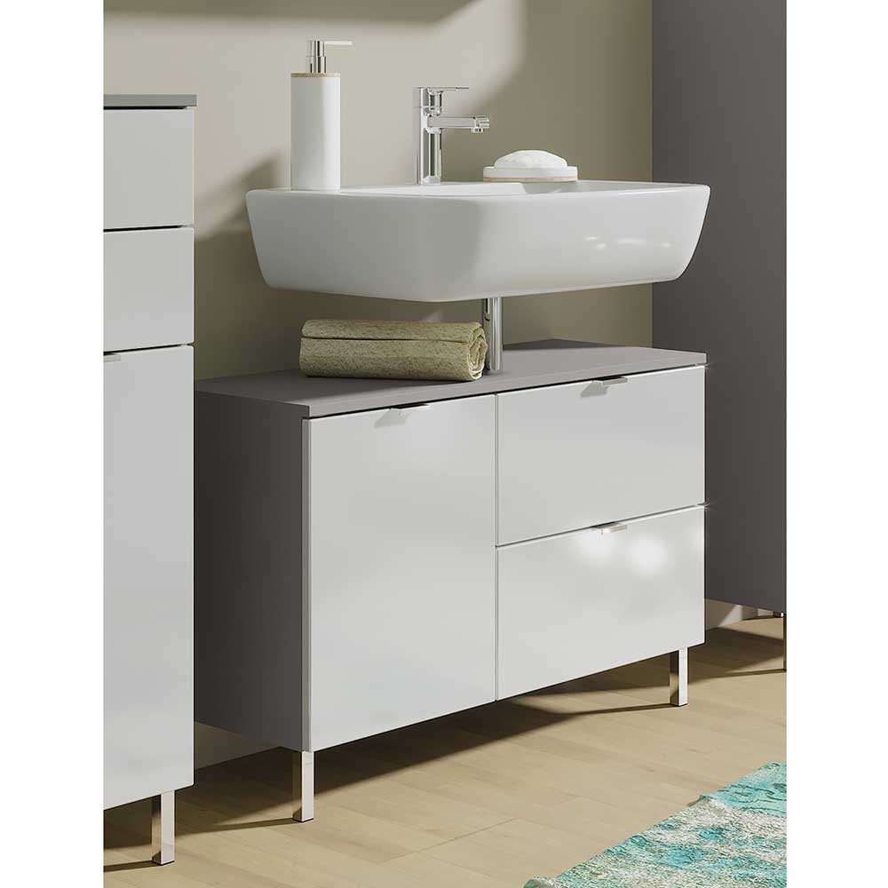 Möbel Exclusive Waschbeckenunterschrank in Weiß Hochglanz und Dunkelgrau 80 cm breit