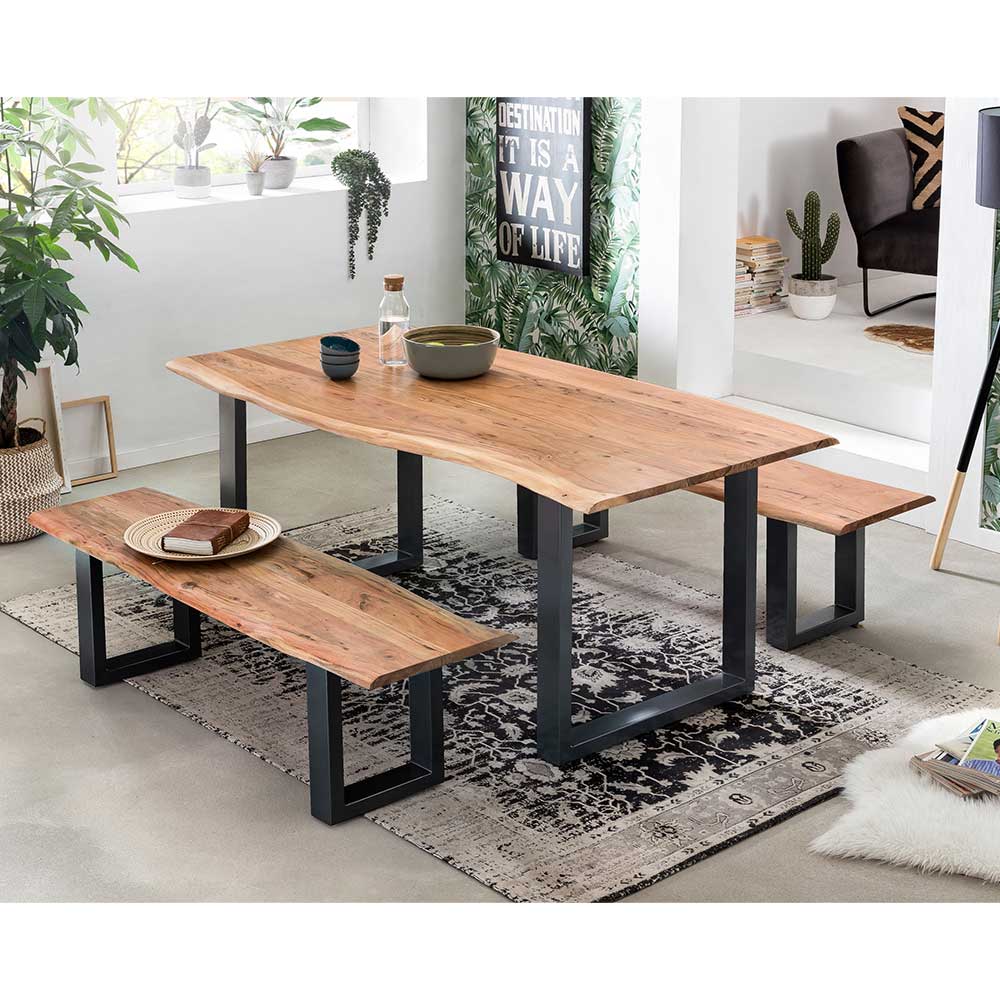 Möbel Exclusive Holz Sitzgruppe mit Baumkanten Metall Bügelgestelle (dreiteilig)