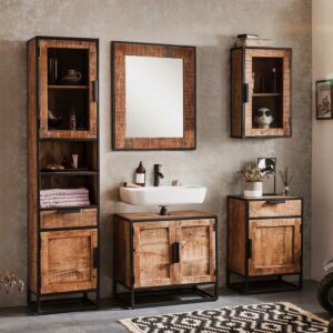 Möbel Exclusive Mangoholz Badmöbel mit Spiegel rustikalen Stil (fünfteilig)