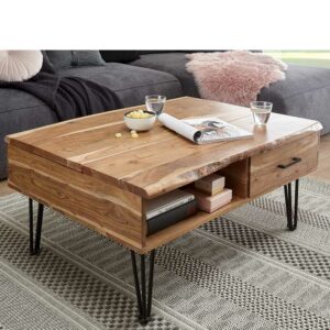 TopDesign Wohnzimmertisch aus Akazie Massivholz und Metall hochklappbarer Tischplatte