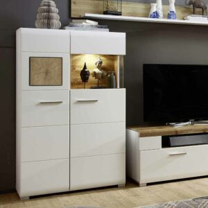 BestLivingHome Highboard Vitrine in Weiß Holz Dekor LED Beleuchtung