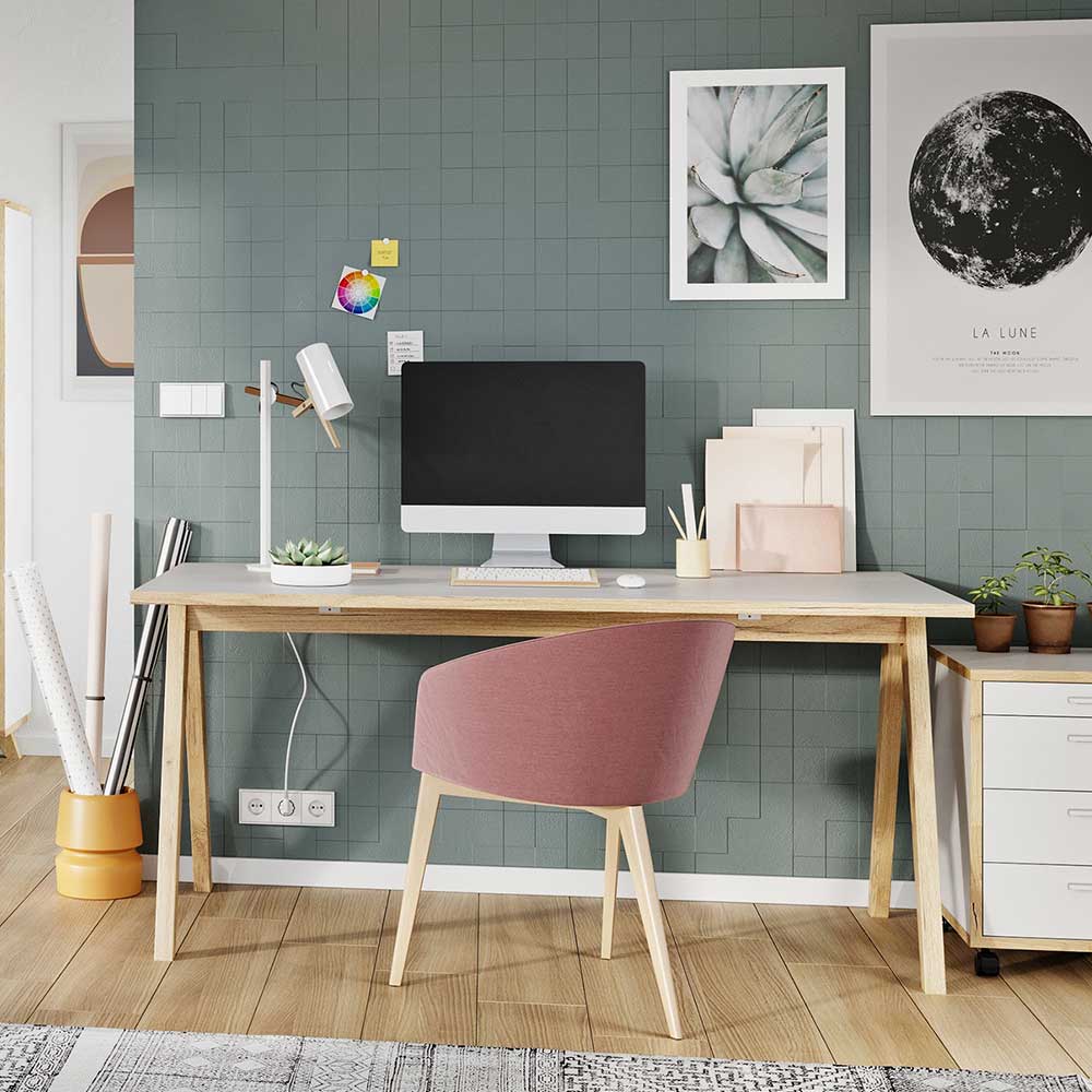 Möbel Exclusive Büroschreibtisch in Weiß und Wildeiche Optik 160 cm breit