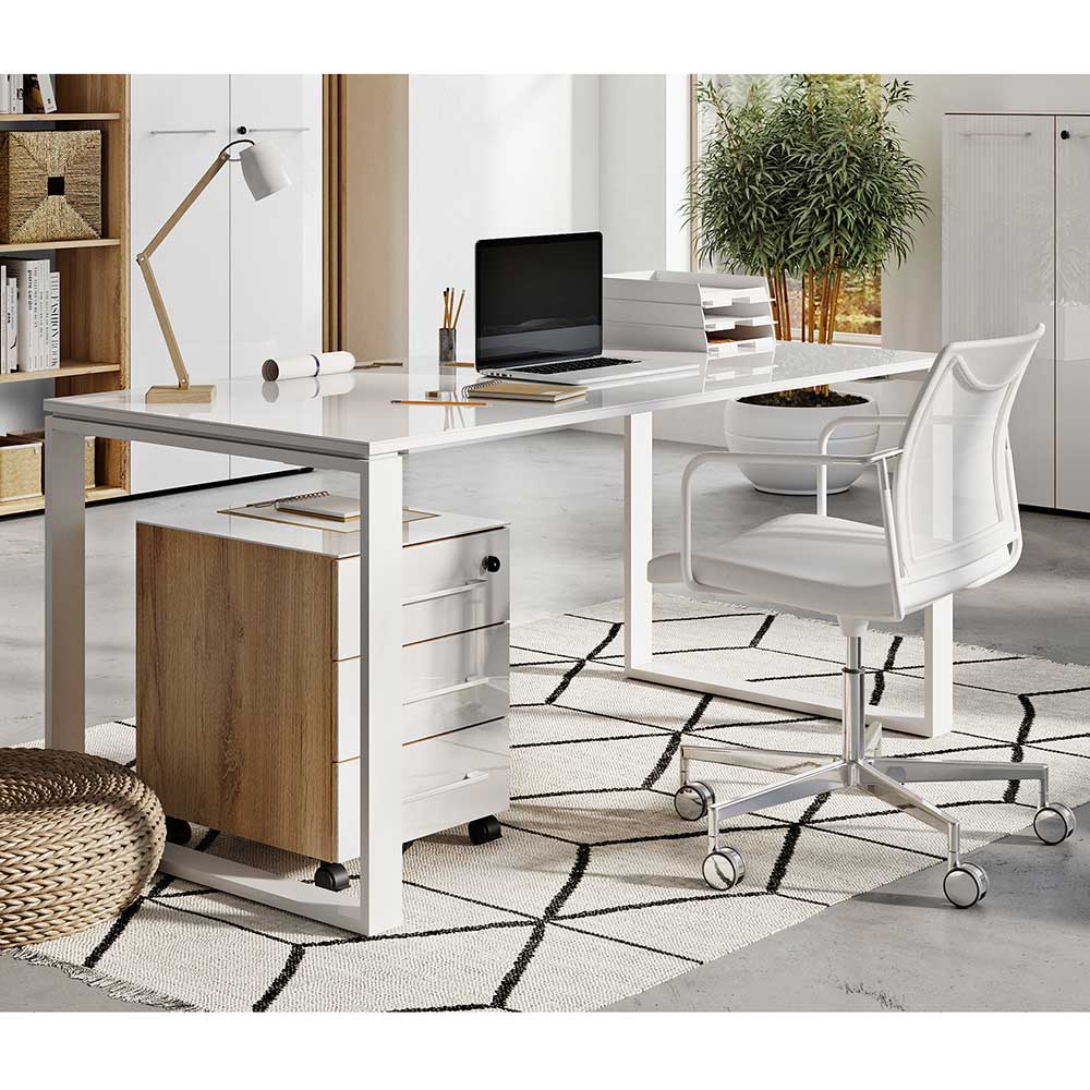 Möbel Exclusive Büro Schreibtisch in Weiß  und Wildeiche Optik Glas beschichtet (zweiteilig)