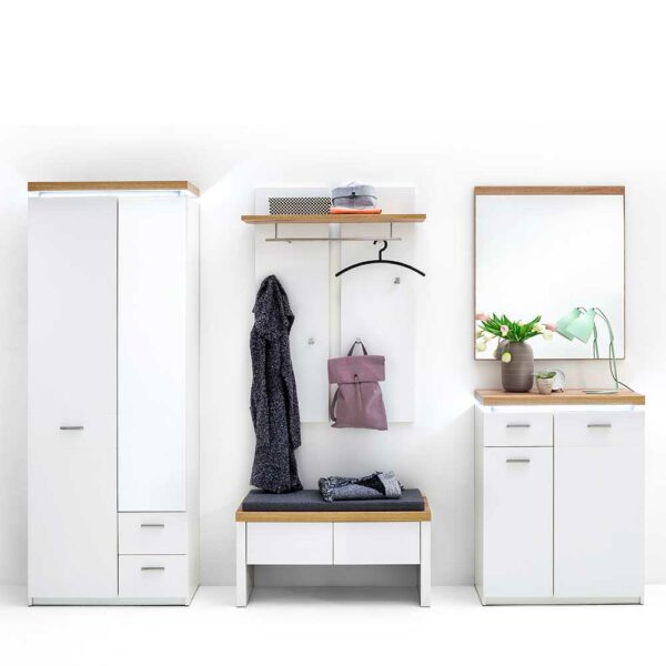 TopDesign Flurgarderobe in Weiß und Wildeiche Optik LED Beleuchtung (fünfteilig)