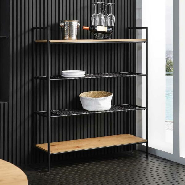 Rodario Esszimmer Regal in Schwarz und Holz Naturfarben Kunstrattan