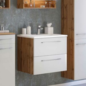 Star Möbel Waschtischunterschrank in Weiß und Wildeiche Optik zwei Schubladen