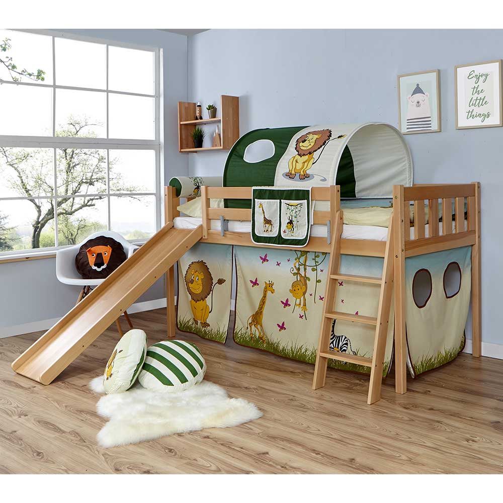 Massivio Kinderspielbett mit Rutsche und Tunnel Zootier Design